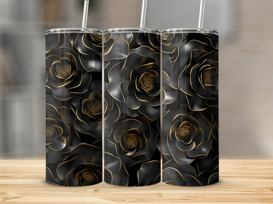 Three black tumblers with gold rose pattern on a wooden surface.