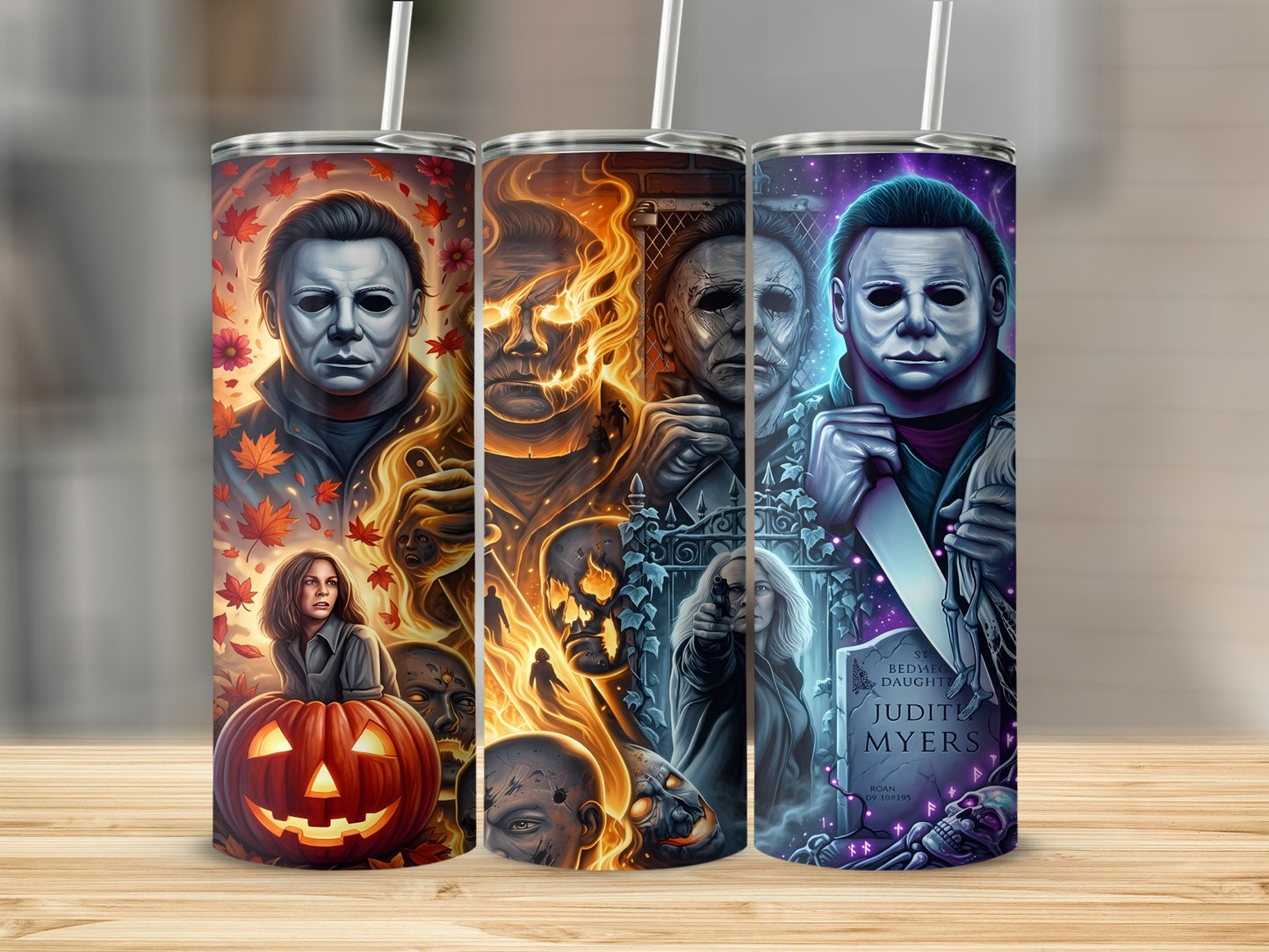 Three tumblers feature Michael Myers artwork with horror elements and Halloween motifs.