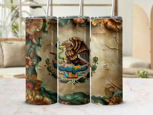 Mexican flag emblem with eagle and snake on textured background, surrounded by flowers.