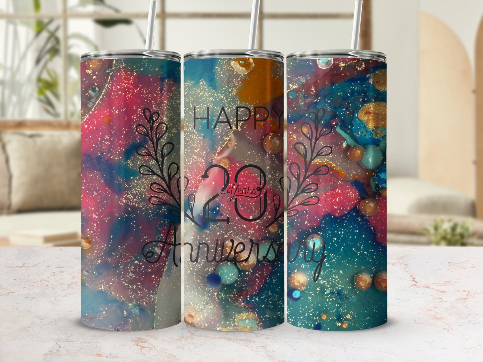 Tumbler with "Happy 23rd Anniversary" text and abstract colorful design.