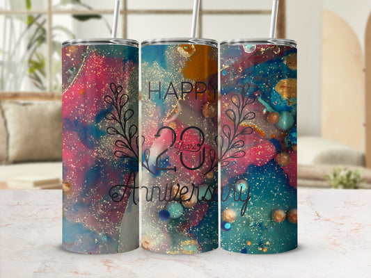 Tumbler with "Happy 23rd Anniversary" text and abstract colorful design.