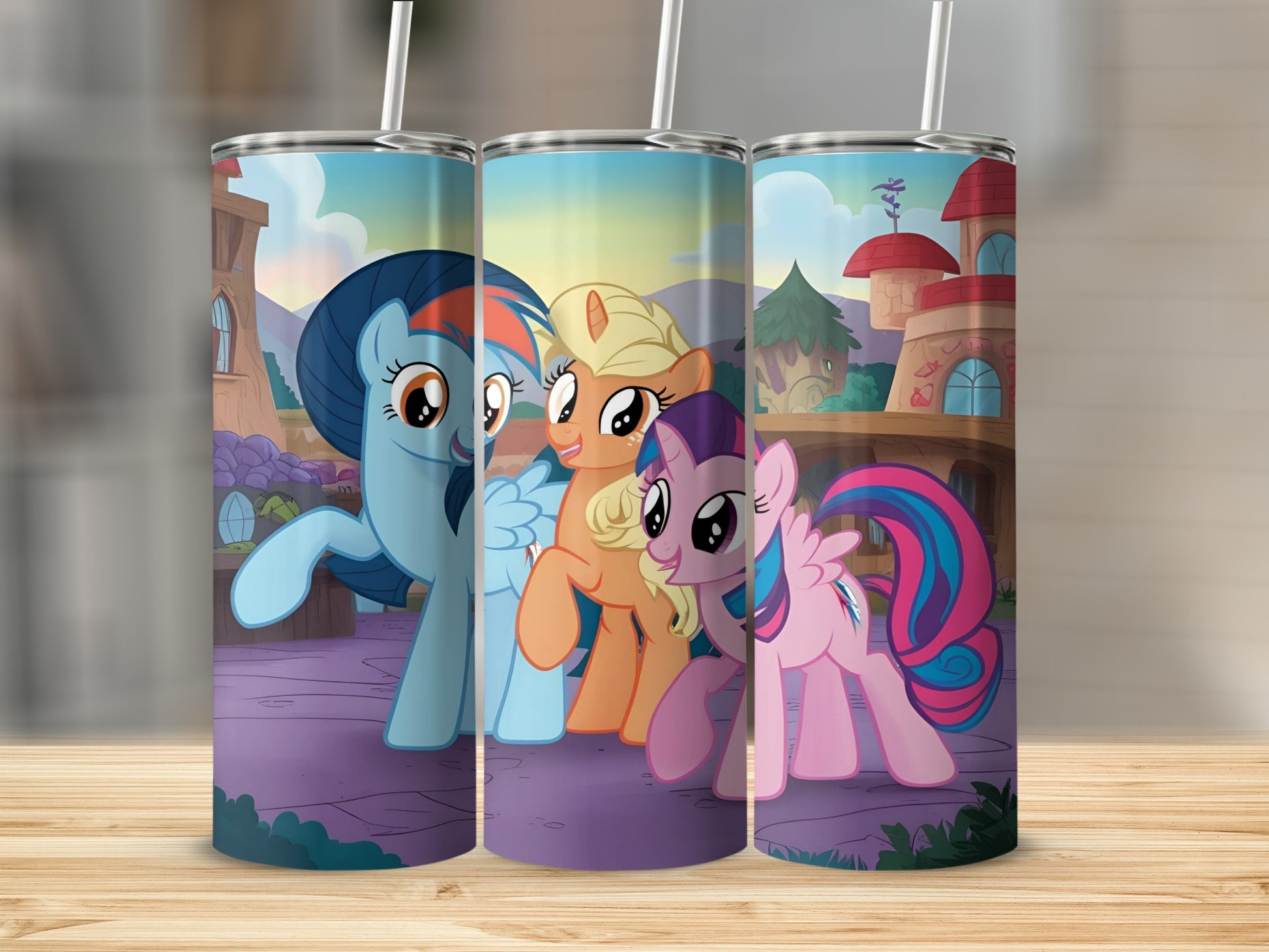 Three My Little Pony characters on a cylindrical tumbler design.