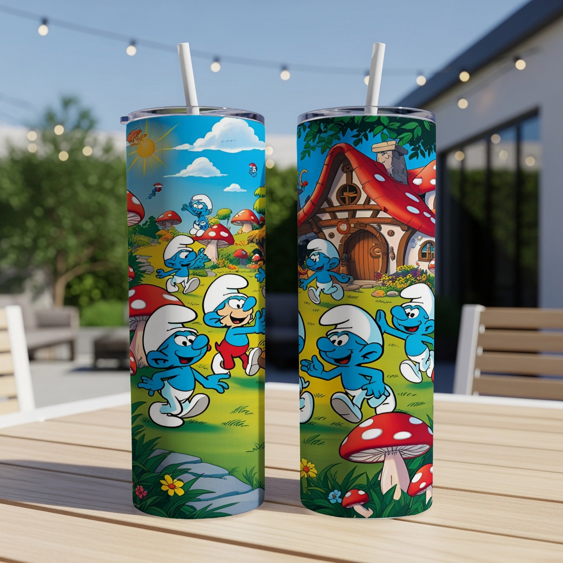 Smurfs dancing and playing in a village with mushroom houses and a sunny sky.