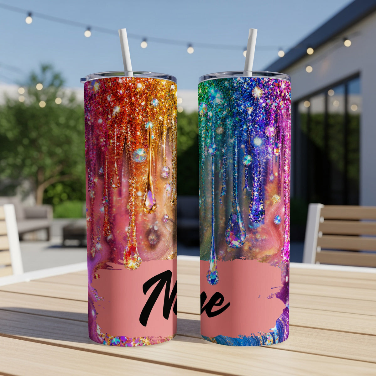 Two tumblers with glitter drip designs and the name "Nave" on one tumbler.