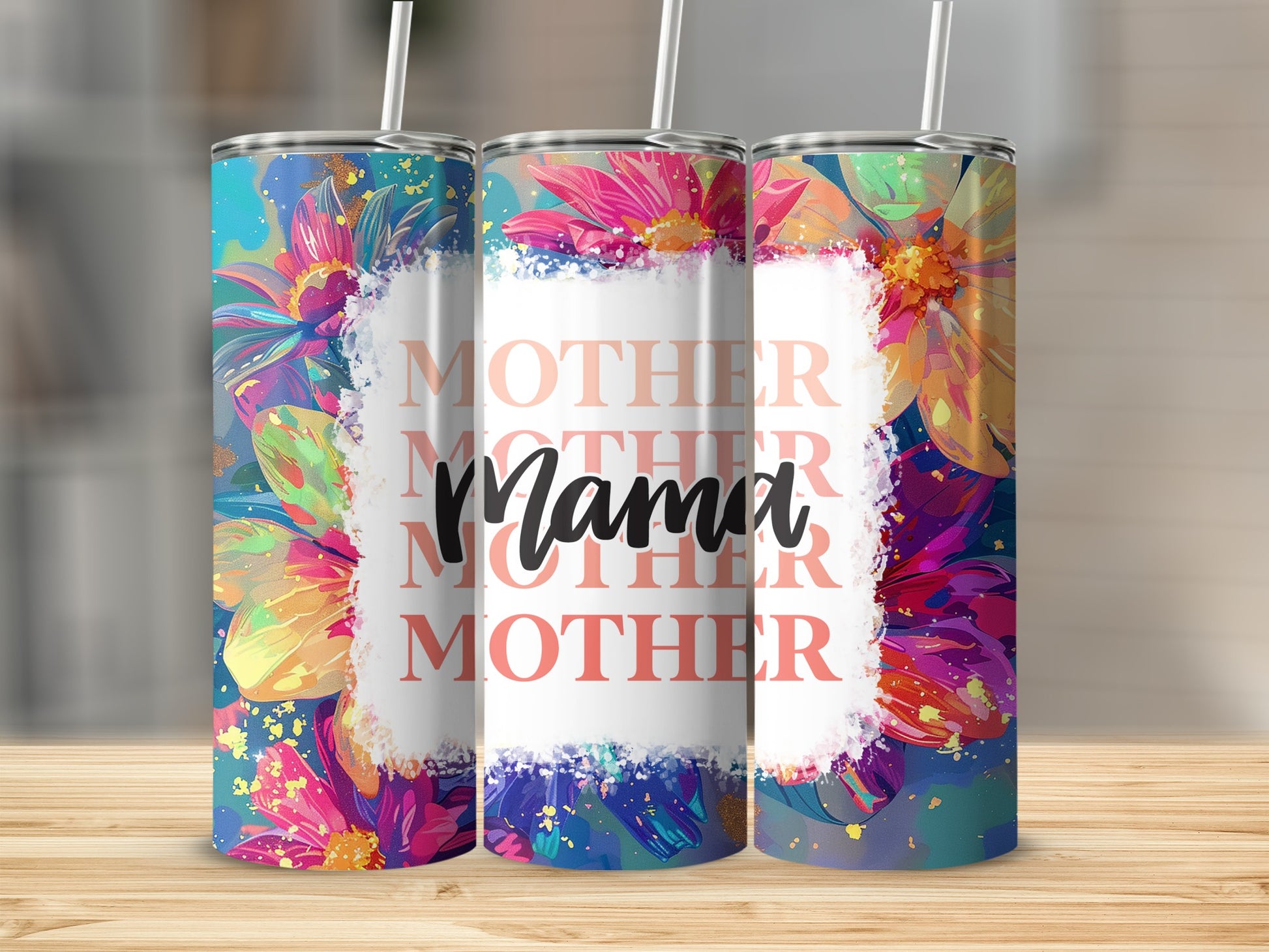 Colorful Floral Design Insulated Tumbler with Straw