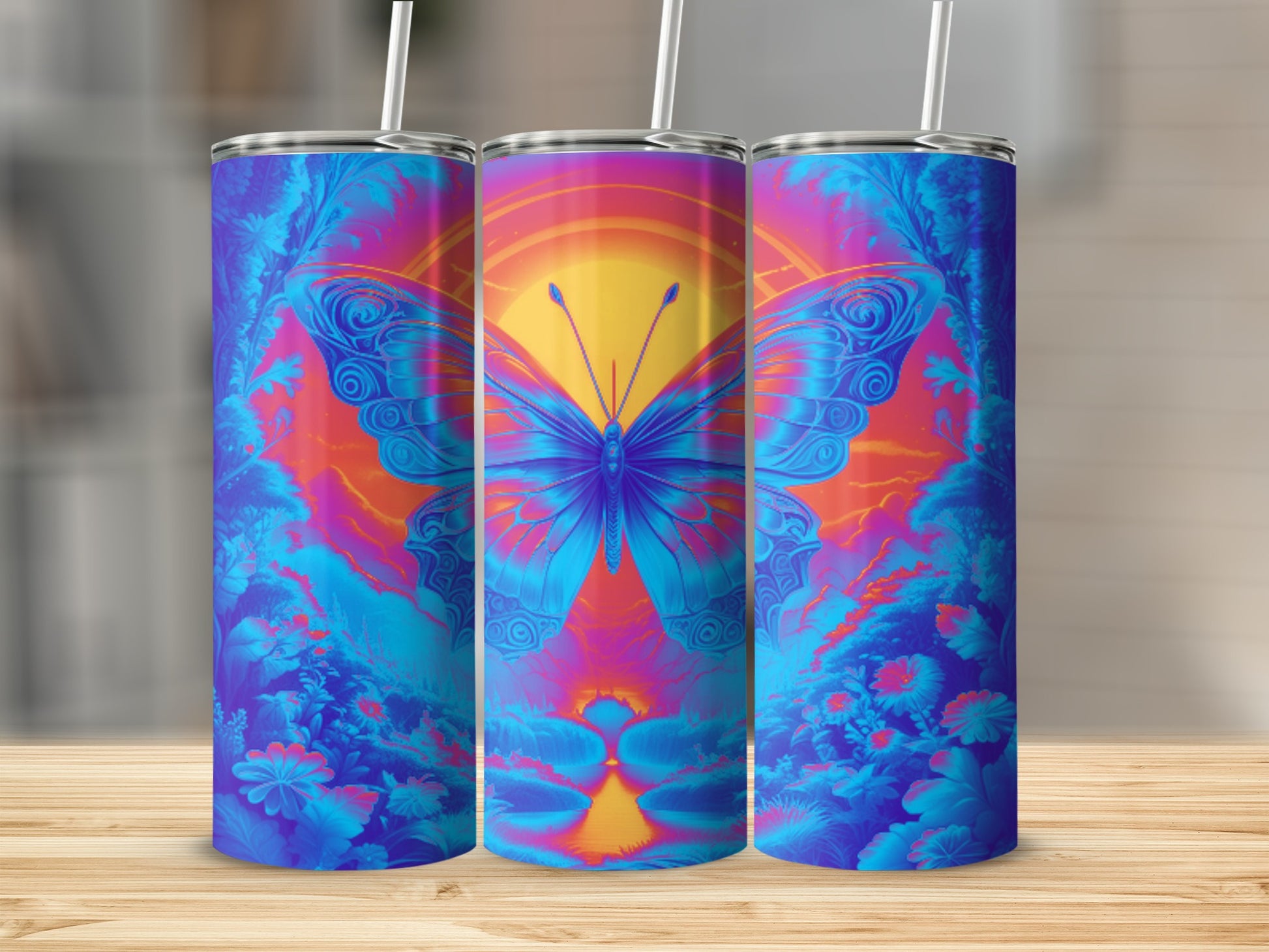 Blue and pink butterfly with vibrant floral design on a tall tumbler.