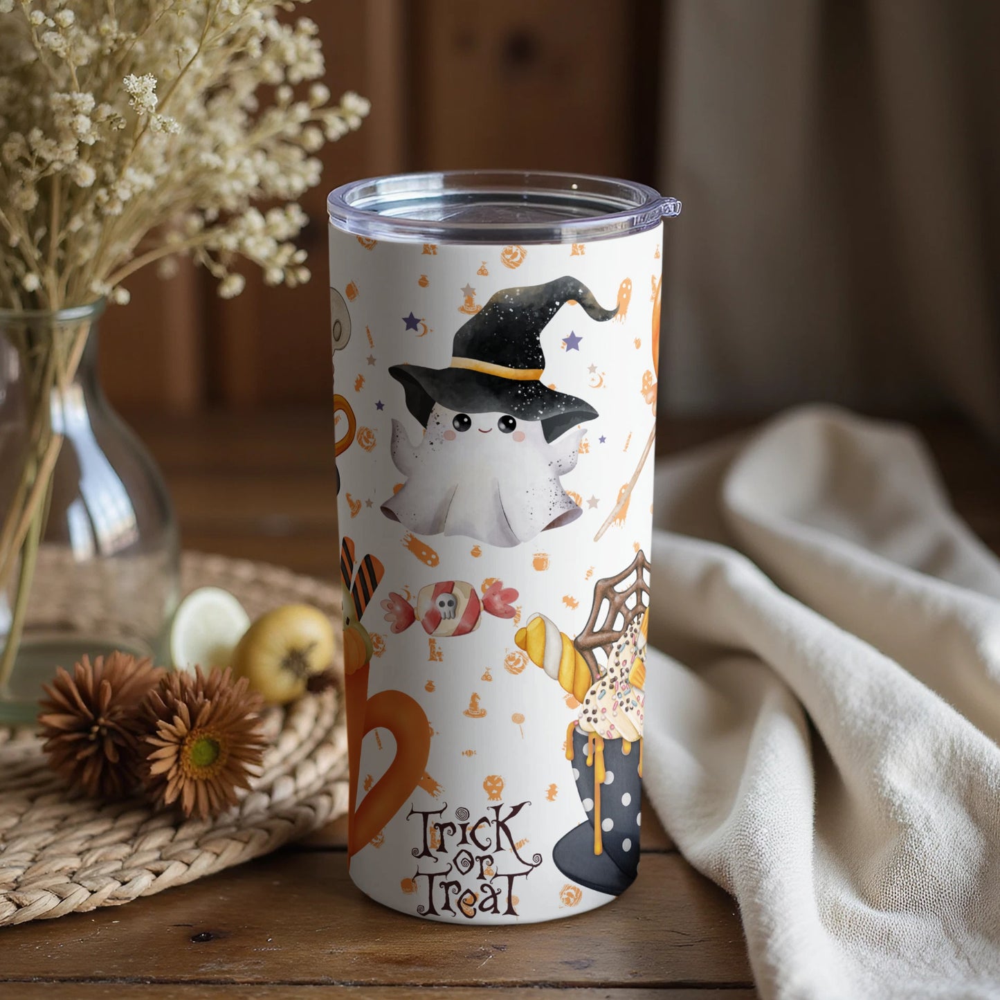 Cute Ghost Witch Trick or Treat Themed Tumbler Cup
