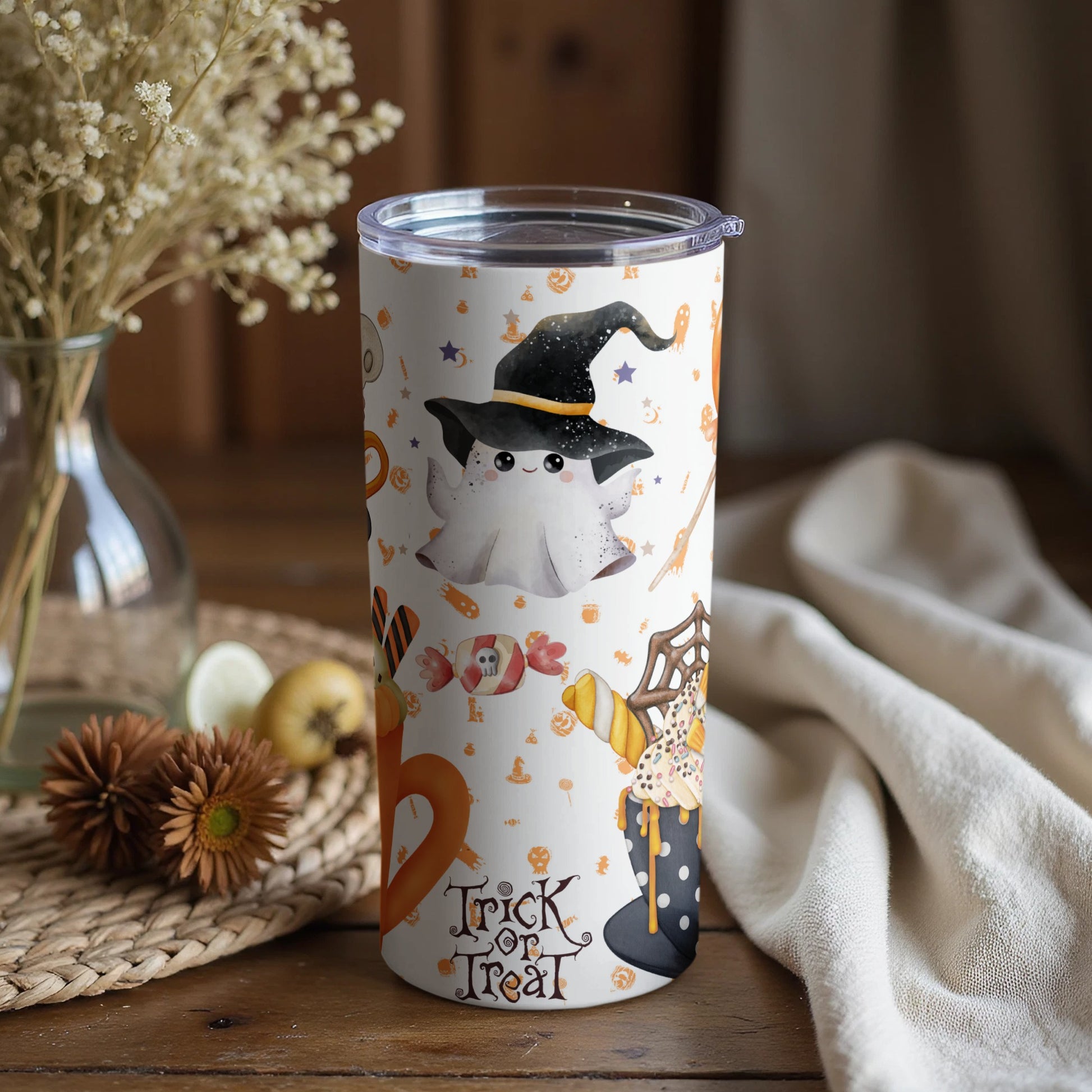 Cute Ghost Witch Trick or Treat Themed Tumbler Cup