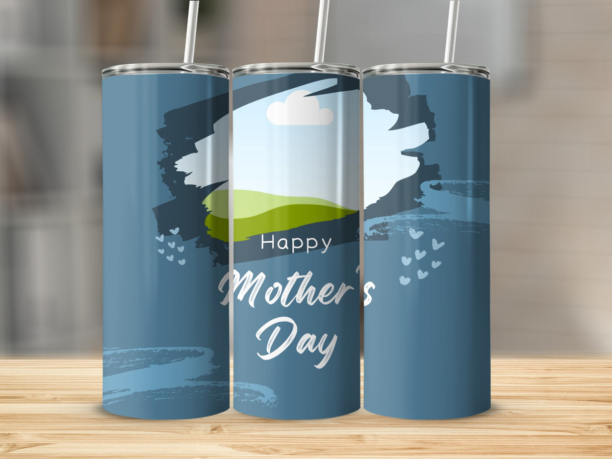 Tumblers with "Happy Mother's Day" text and a scenic sky design.