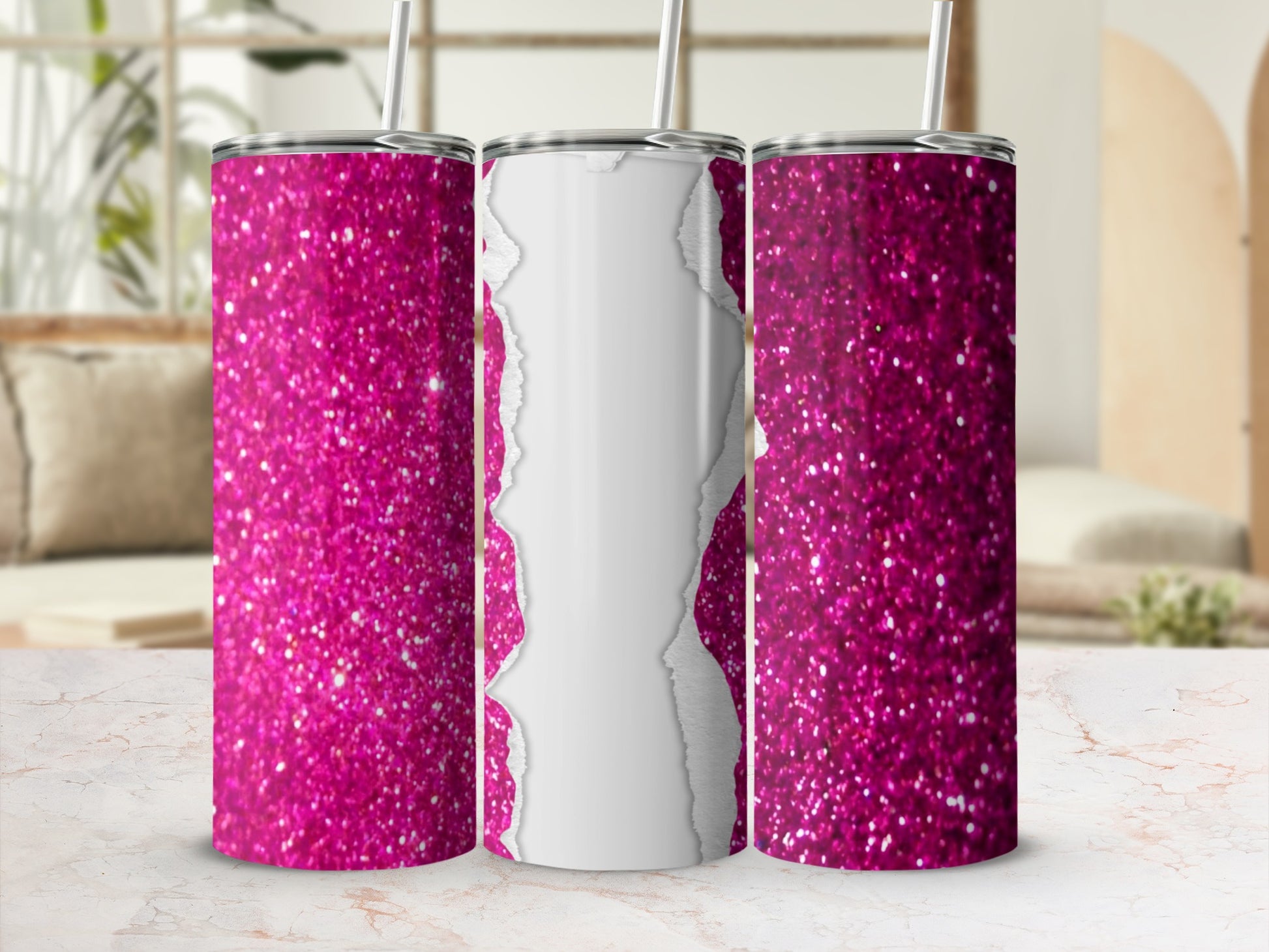 Three pink glitter tumblers with a torn paper effect reveal white.
