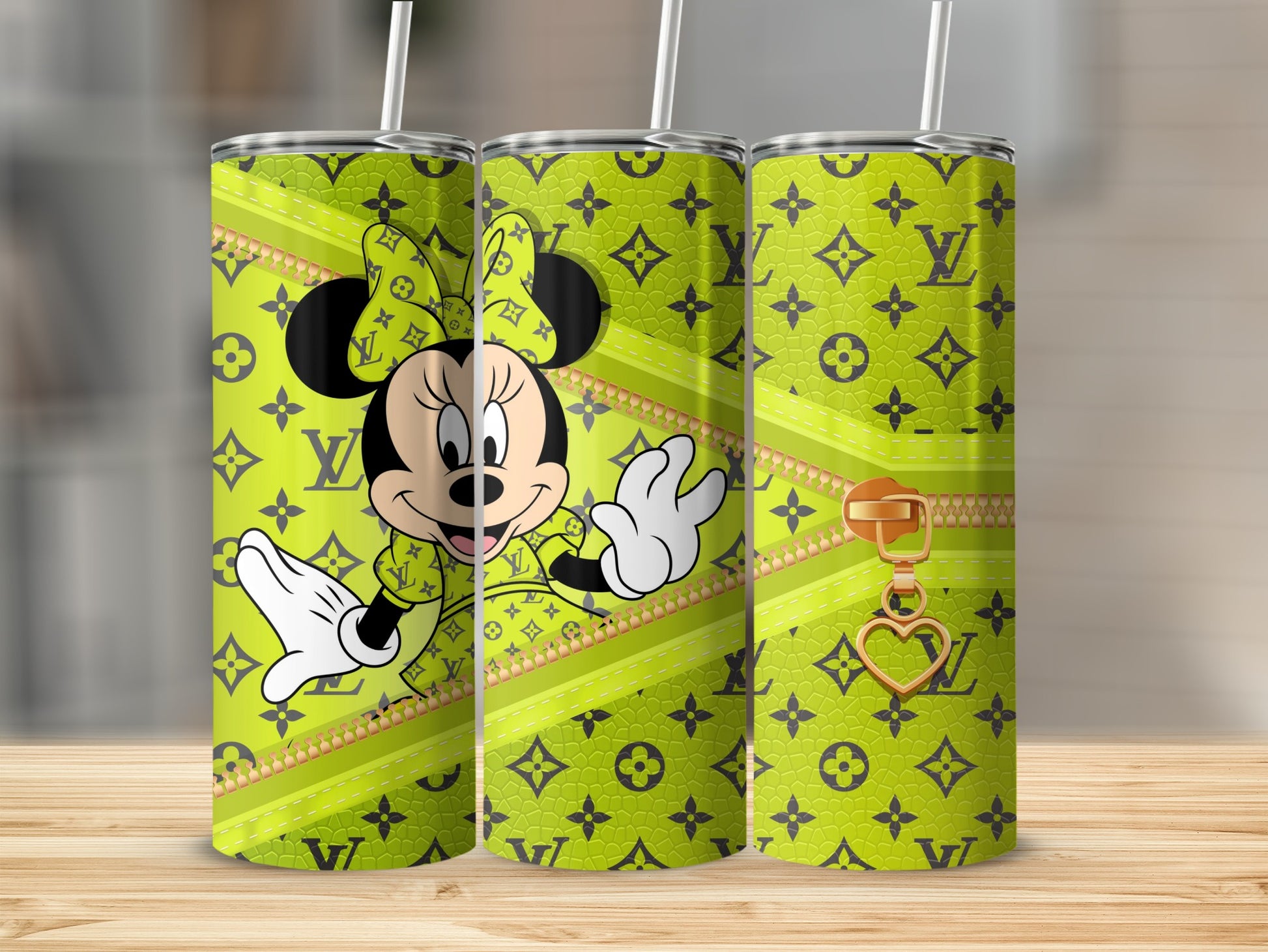 Minnie Mouse on lime green tumbler with LV-inspired pattern and gold zipper charm.