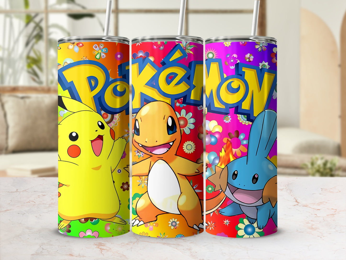 Colorful Pokémon Character Tumbler with Straw