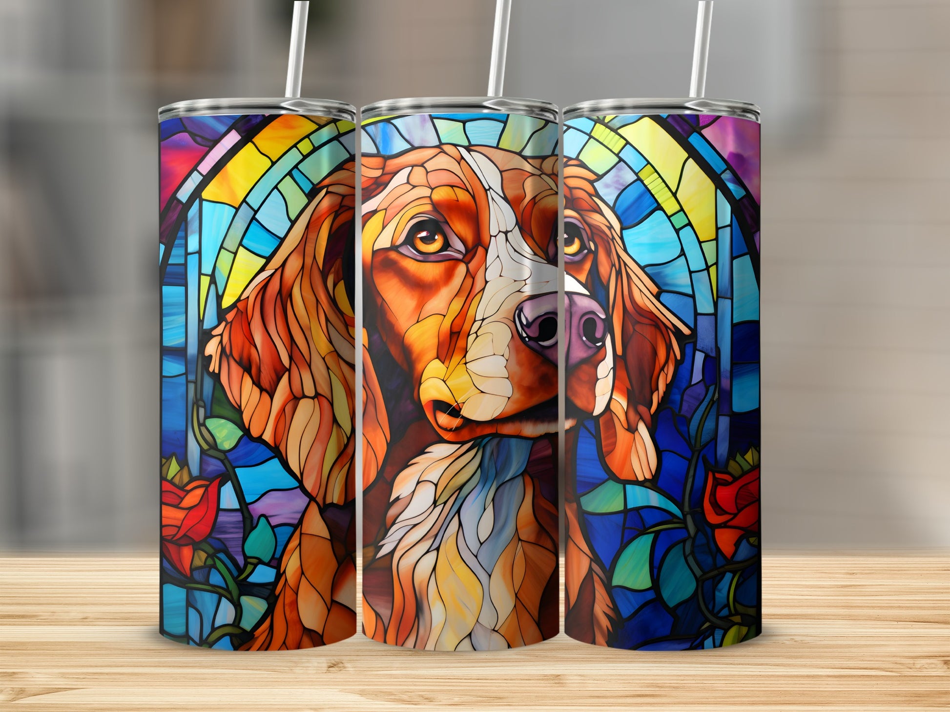 Stained glass style dog portrait with roses on a multicolor tumbler.