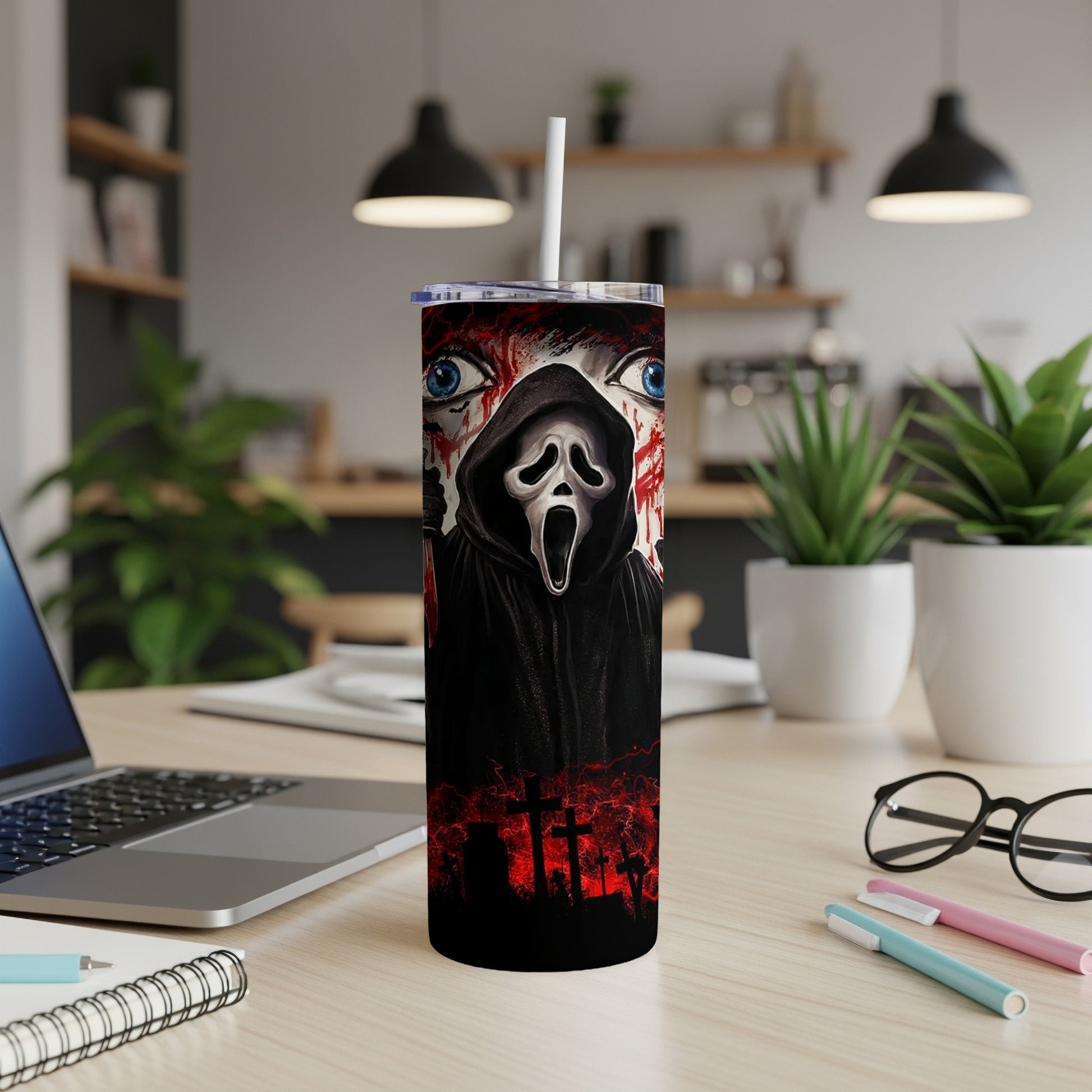 Tumbler with Ghostface mask, bloody eyes, and cemetery silhouette on black.