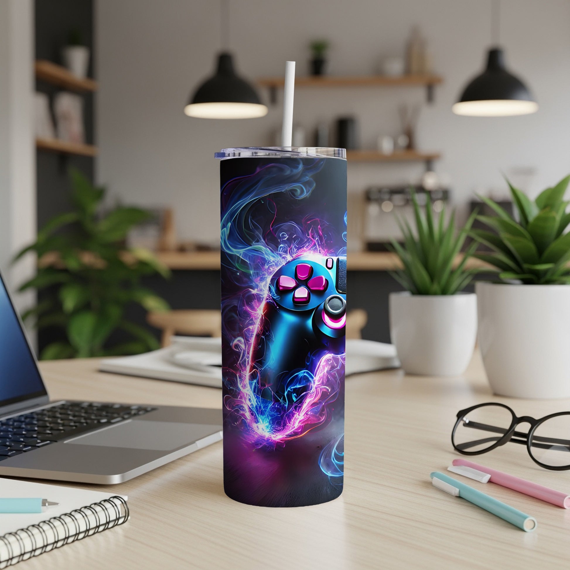 Illuminated game controller with colorful smoke trails on a tumbler.