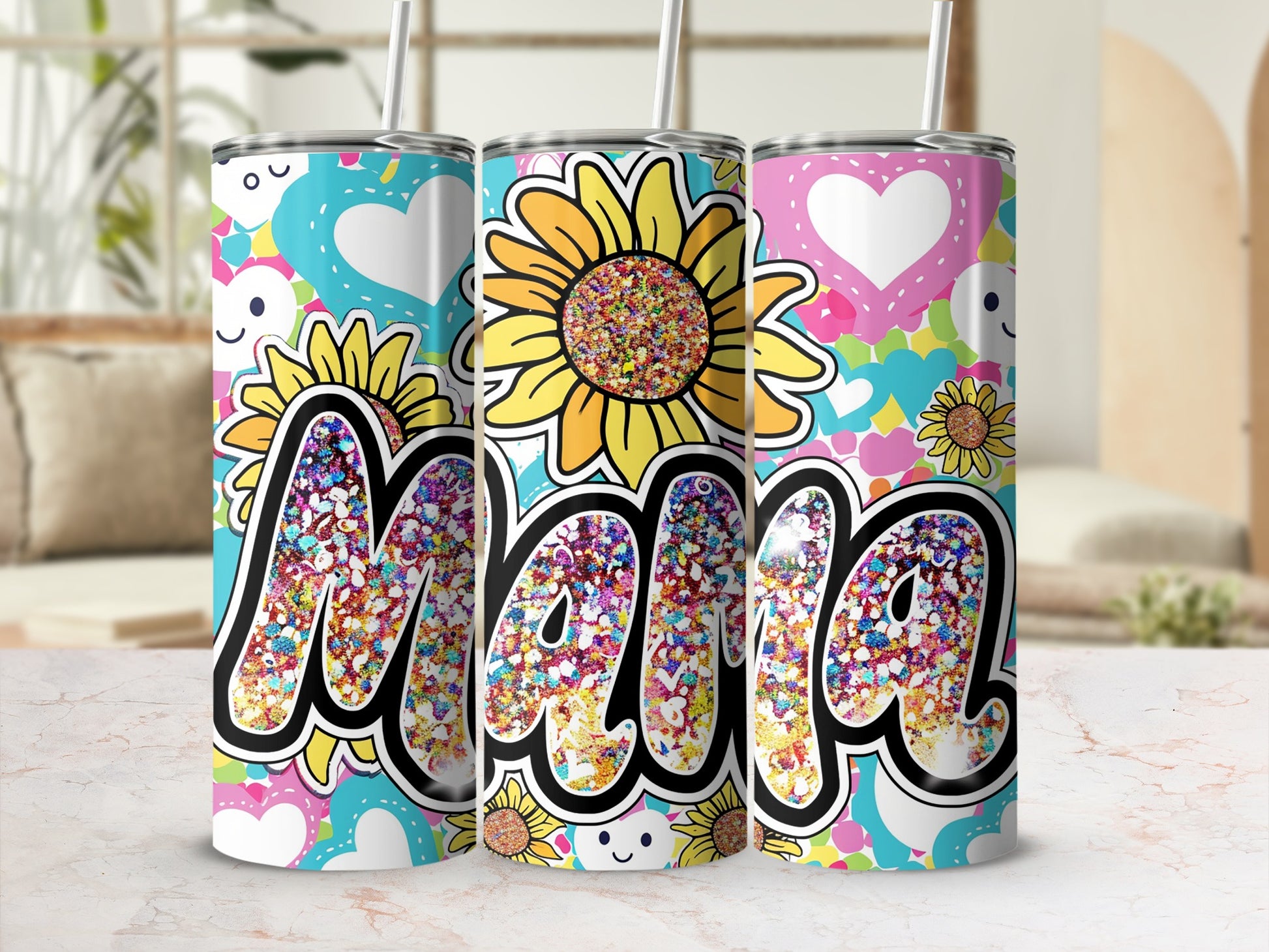 Colorful Mama Floral and Hearts Design Tumbler