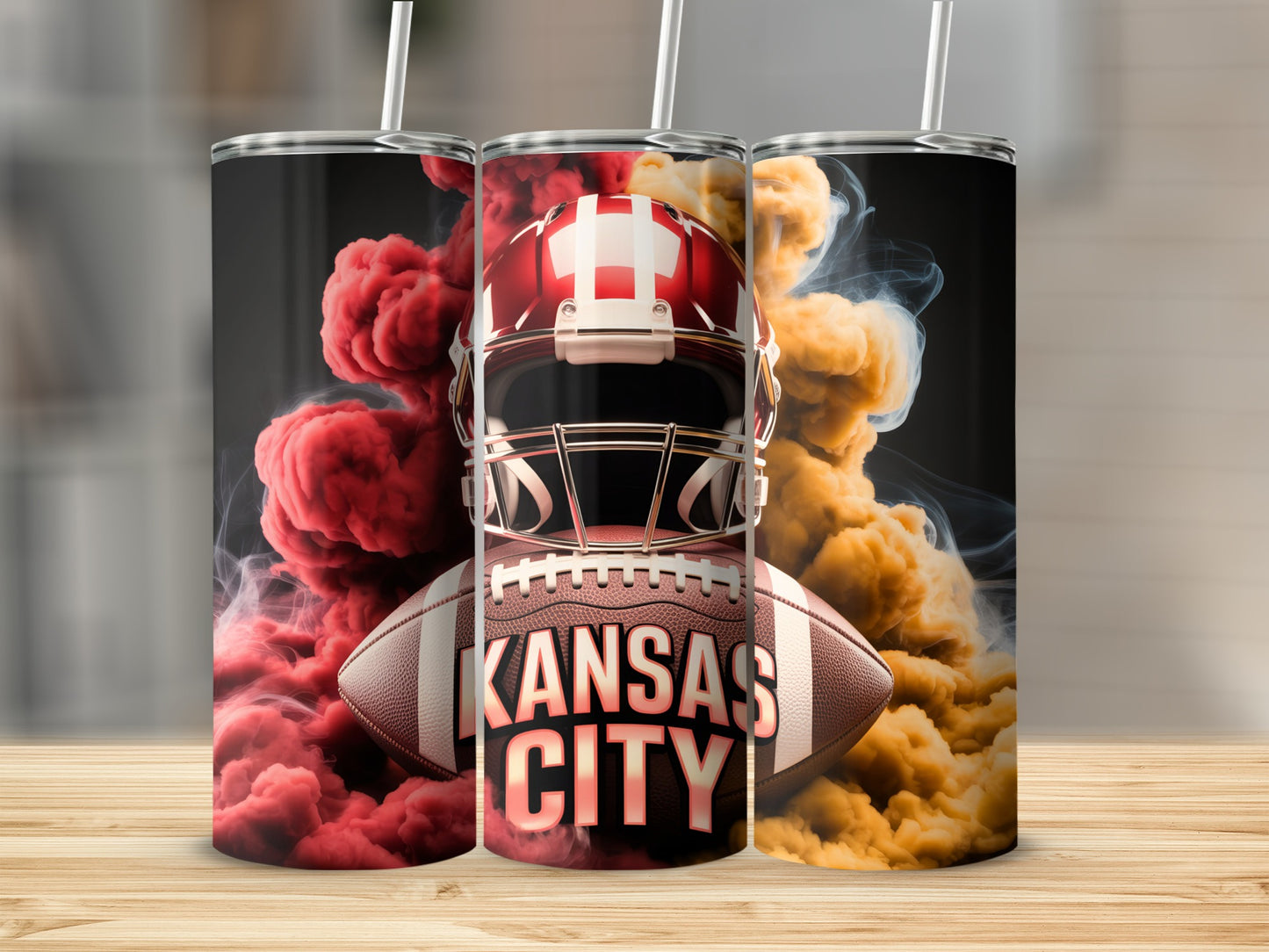 Kansas City football helmet and ball with red and gold smoke.
