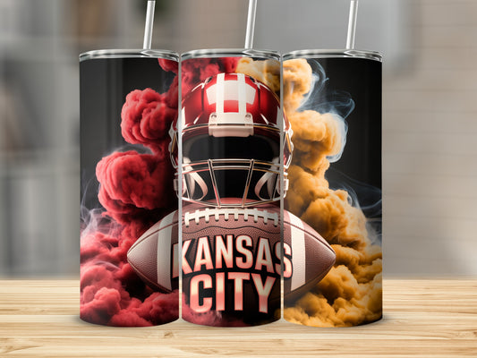Kansas City football helmet and ball with red and gold smoke.