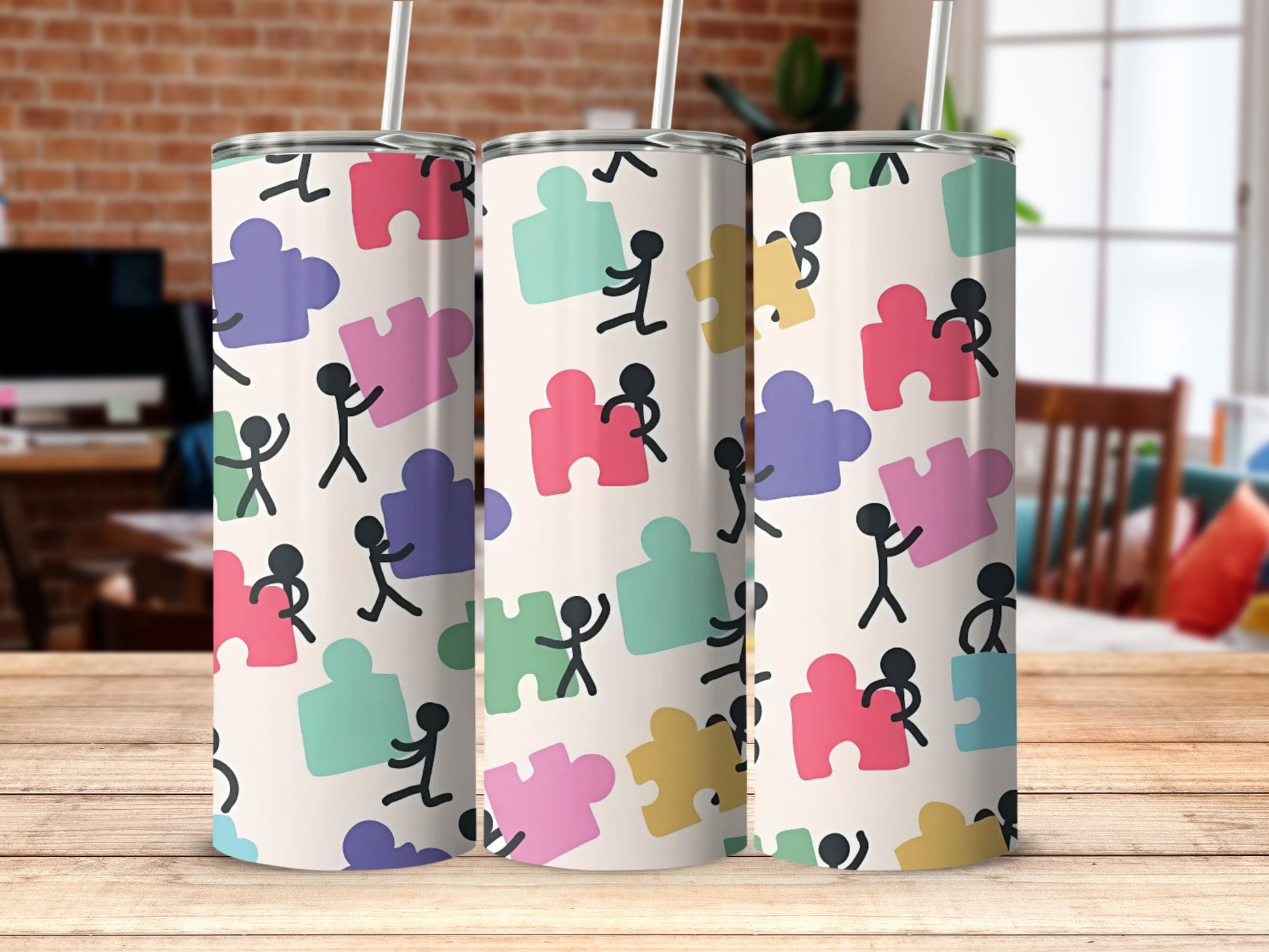 Colorful Puzzle Pieces and Stick Figures Tumbler