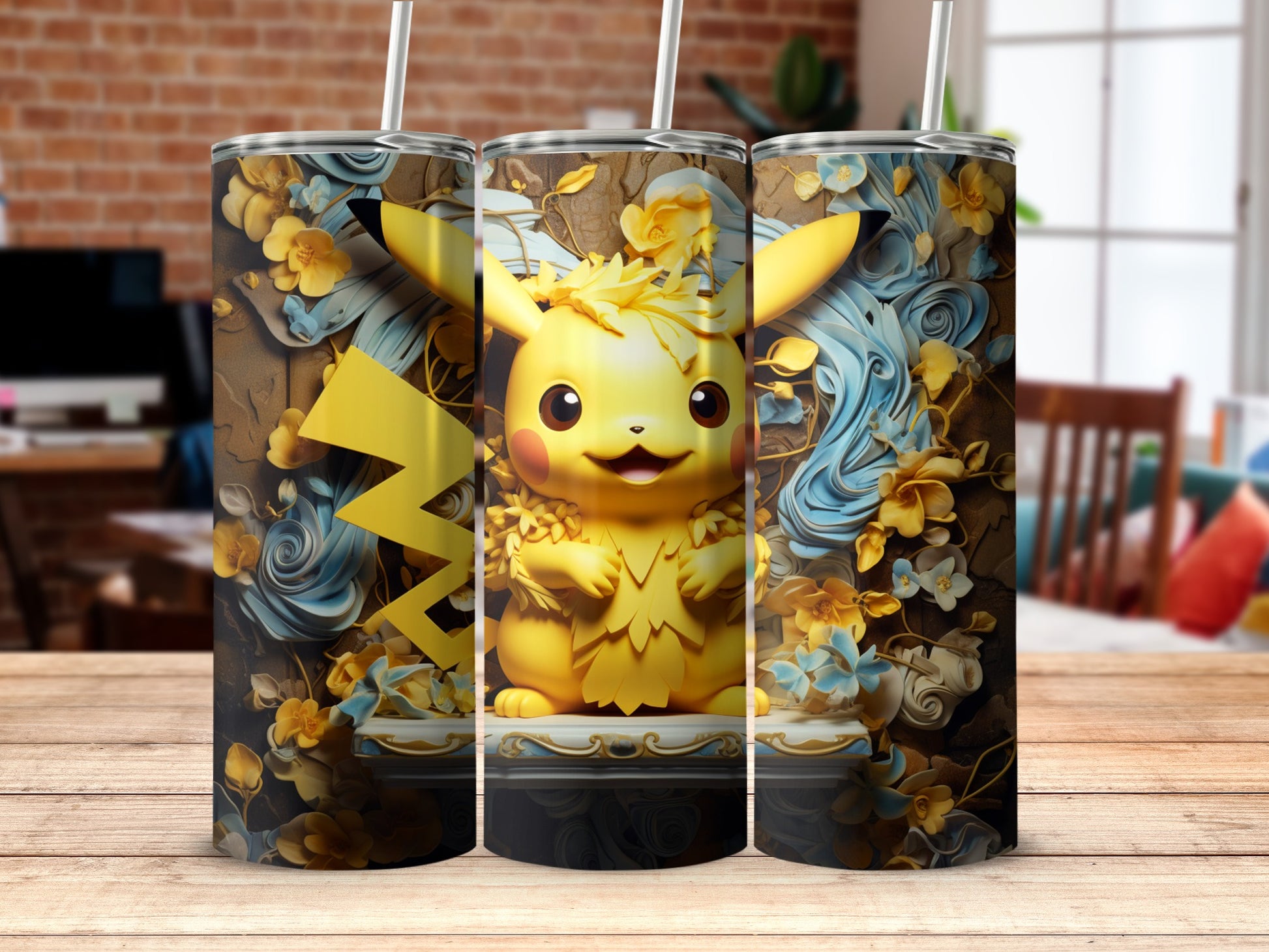 Cute Pikachu with Yellow Floral Background Tumbler