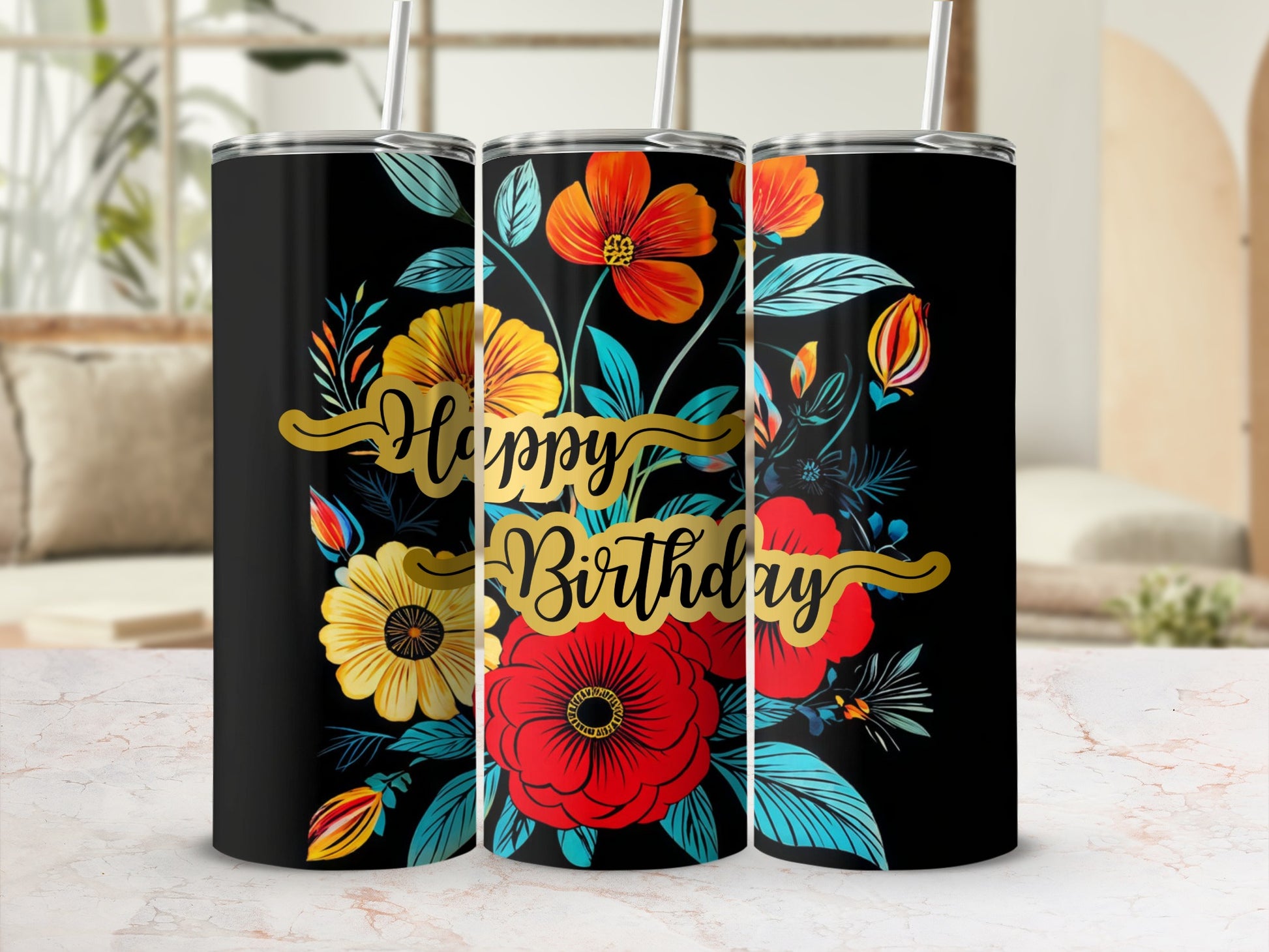 Black tumbler with "Happy Birthday" text and colorful floral design.