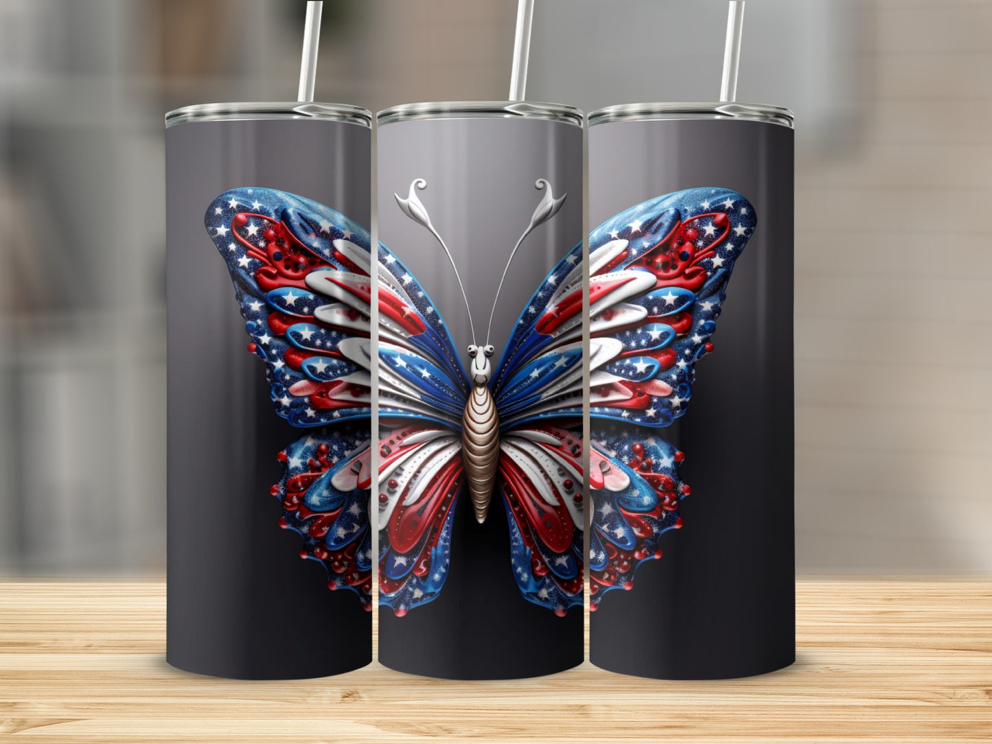 Tumbler with patriotic red, white, and blue butterfly design.