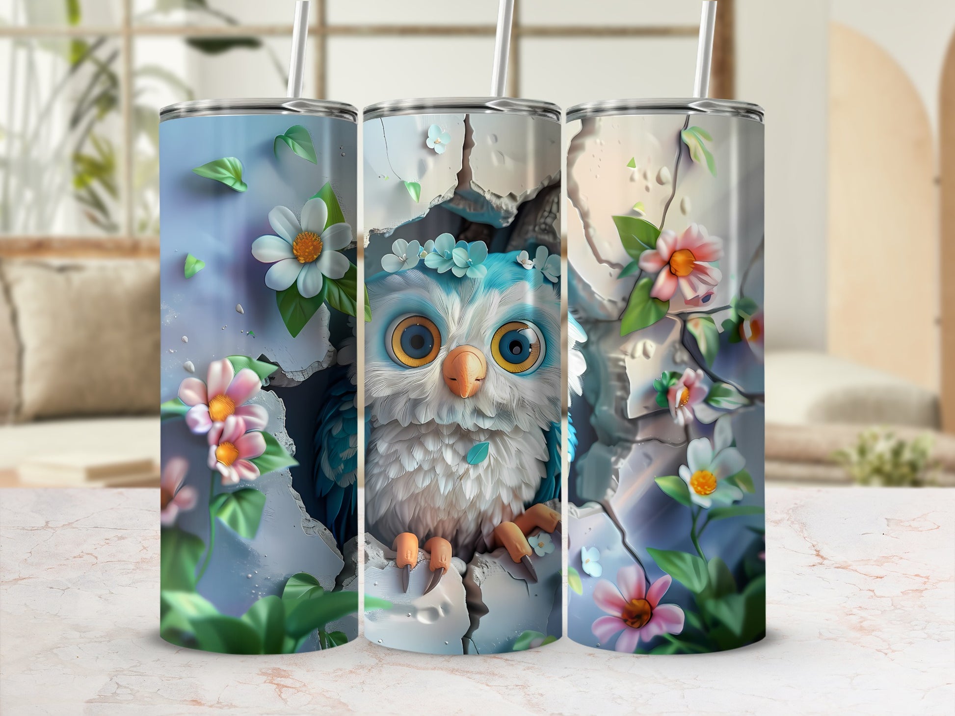 Cute cartoon owl with big eyes peeking through cracked wall with flowers.