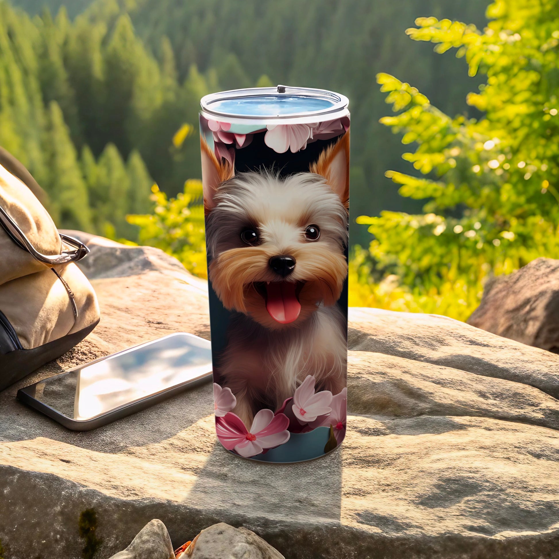 Cute Yorkie Puppy Floral Design Beverage Holder product type
Yorkie, Yorkshire Terrier, Puppy, Dog, Pet Lover, Animal Design, Cute Dog, Floral Print, Pink Flowers, Tumbler, Insulated Cup, Travel Mug, Drinkware, Beverage Container, Dog Mom Gift, Dog Dad Gift, Custom Tumbler, Unique Gift, Nature Inspired, Happy Puppy