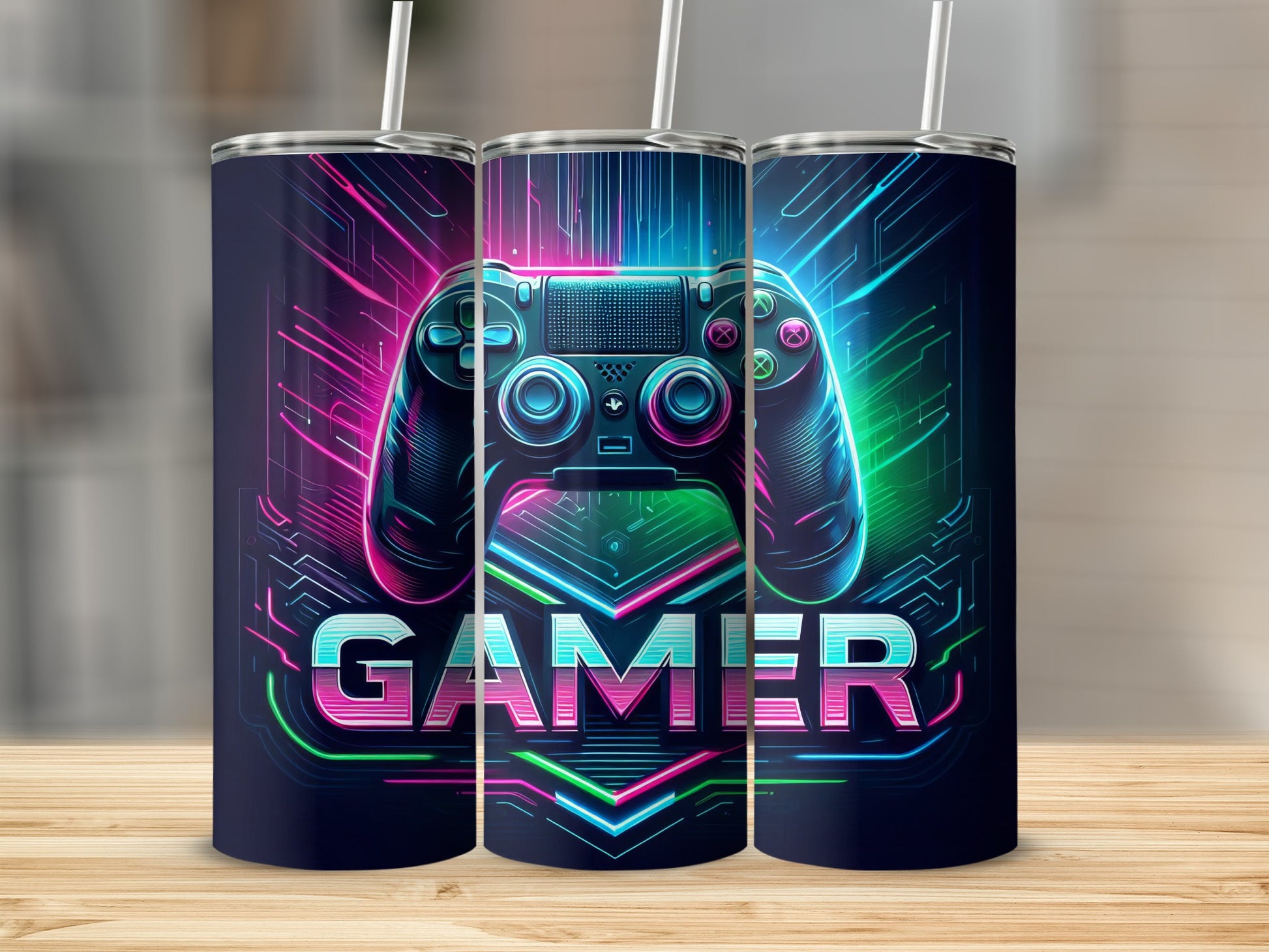 Gamer tumbler with neon controller and circuit board design.