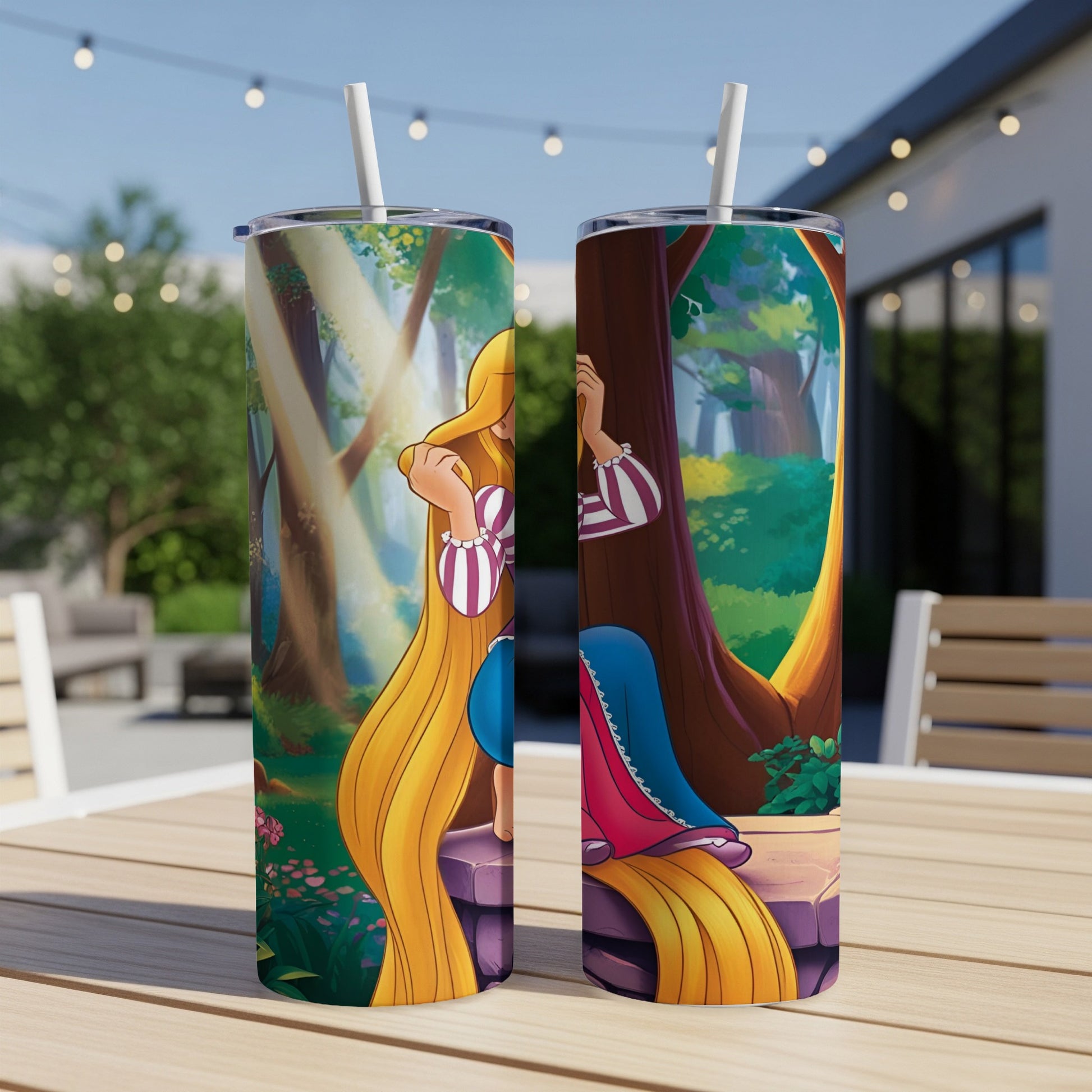 Rapunzel in a forest setting on a double-sided tumbler.