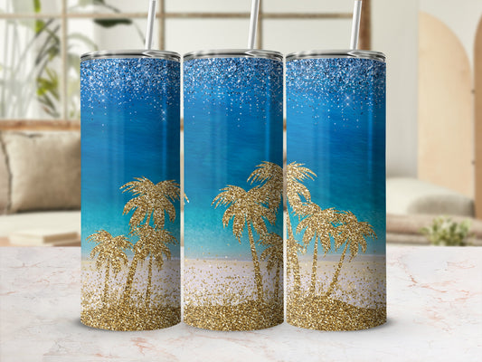 Glittery tumblers with palm trees and ocean scene.