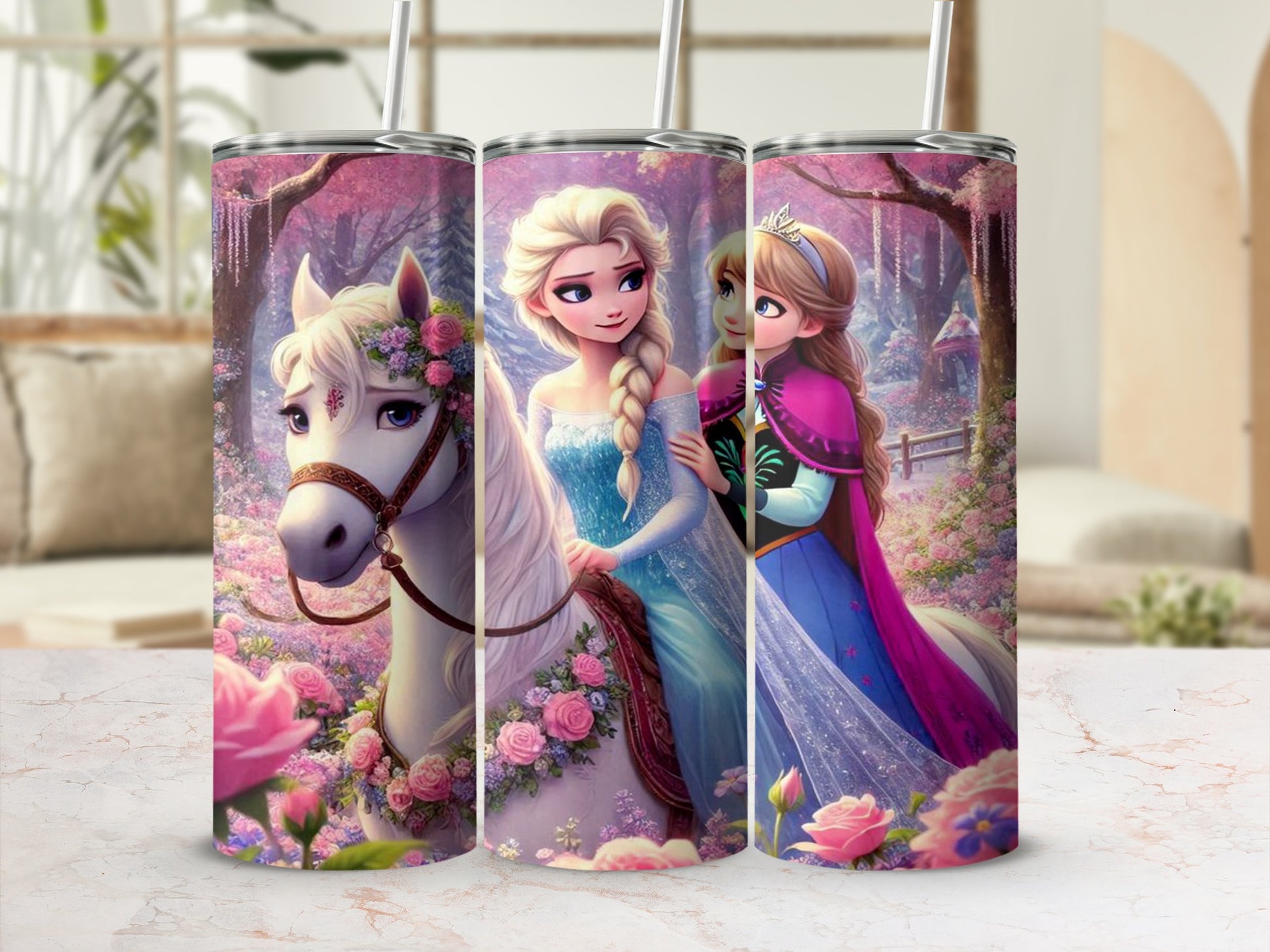 Enchanting Frozen Characters Floral Fantasy Tumbler