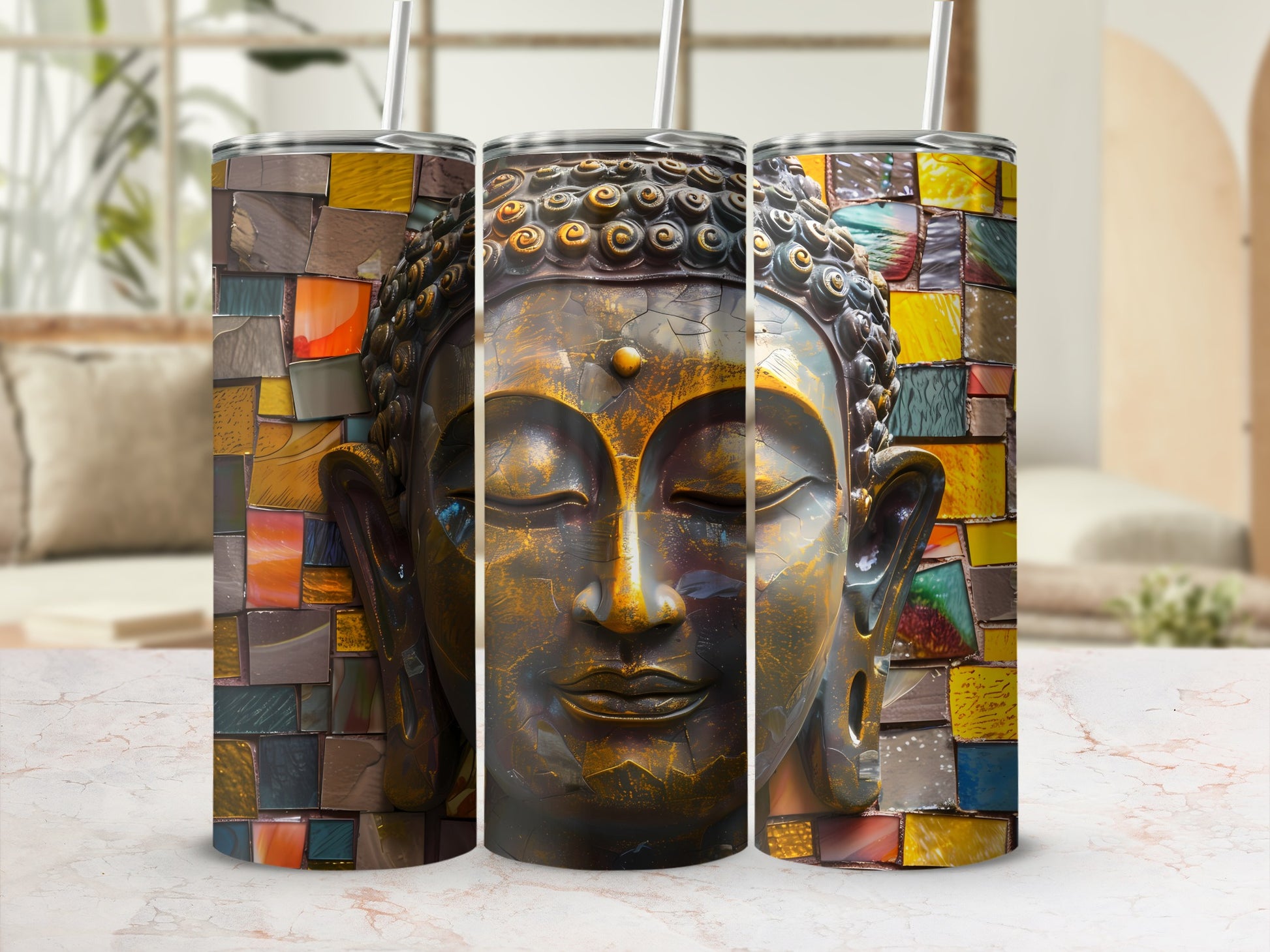 Three tumblers featuring a detailed, gold-toned Buddha face against a colorful tiled background.