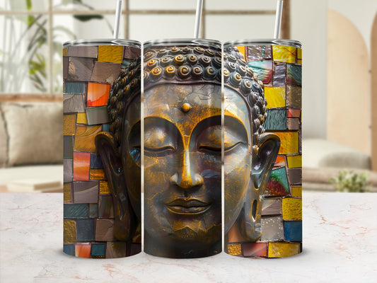 Three tumblers featuring a detailed, gold-toned Buddha face against a colorful tiled background.