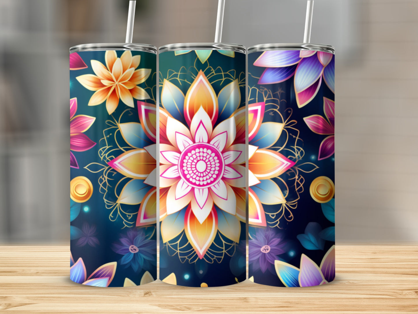Three tumblers with colorful floral mandala designs on a dark background.