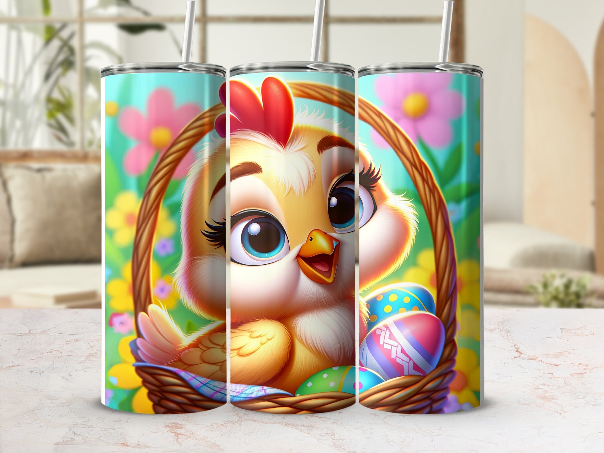 Cute cartoon chick with Easter eggs in a basket.