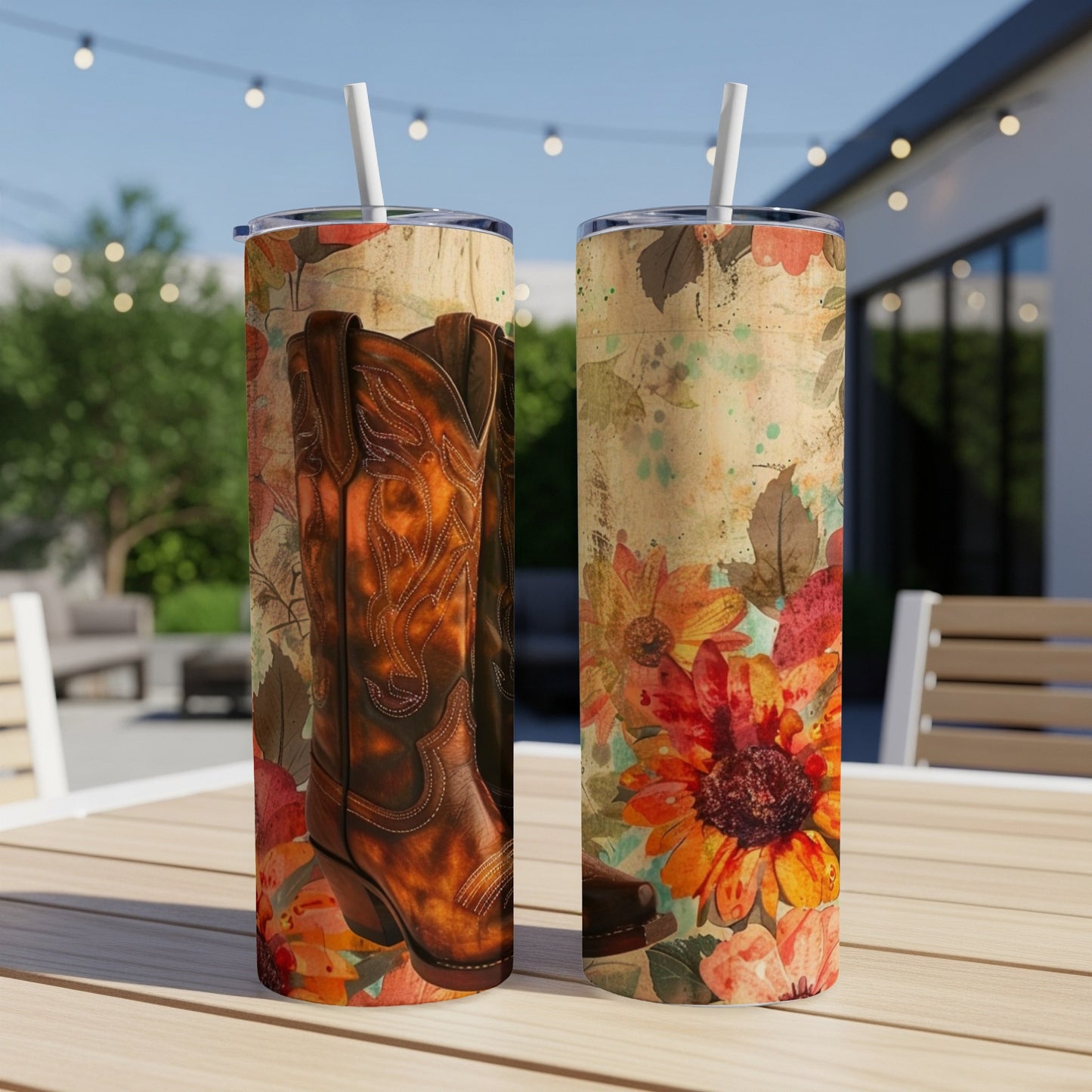 Two tumblers featuring cowboy boots and autumn floral designs.