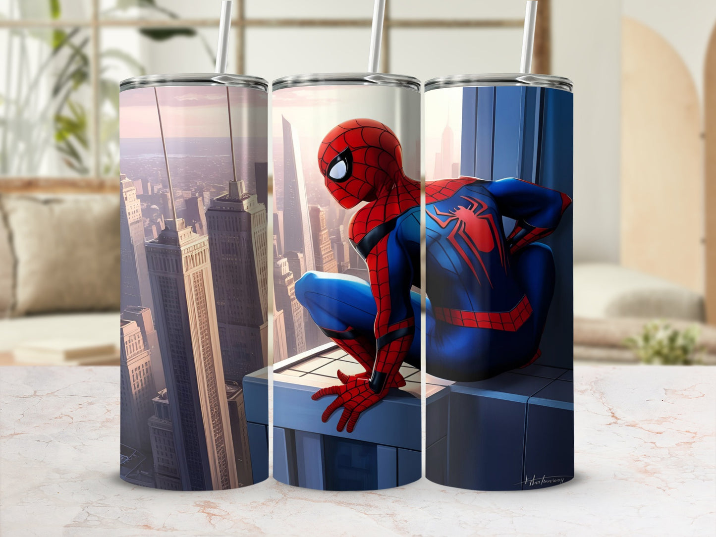 Spider-Man crouching on a skyscraper ledge overlooking a city.