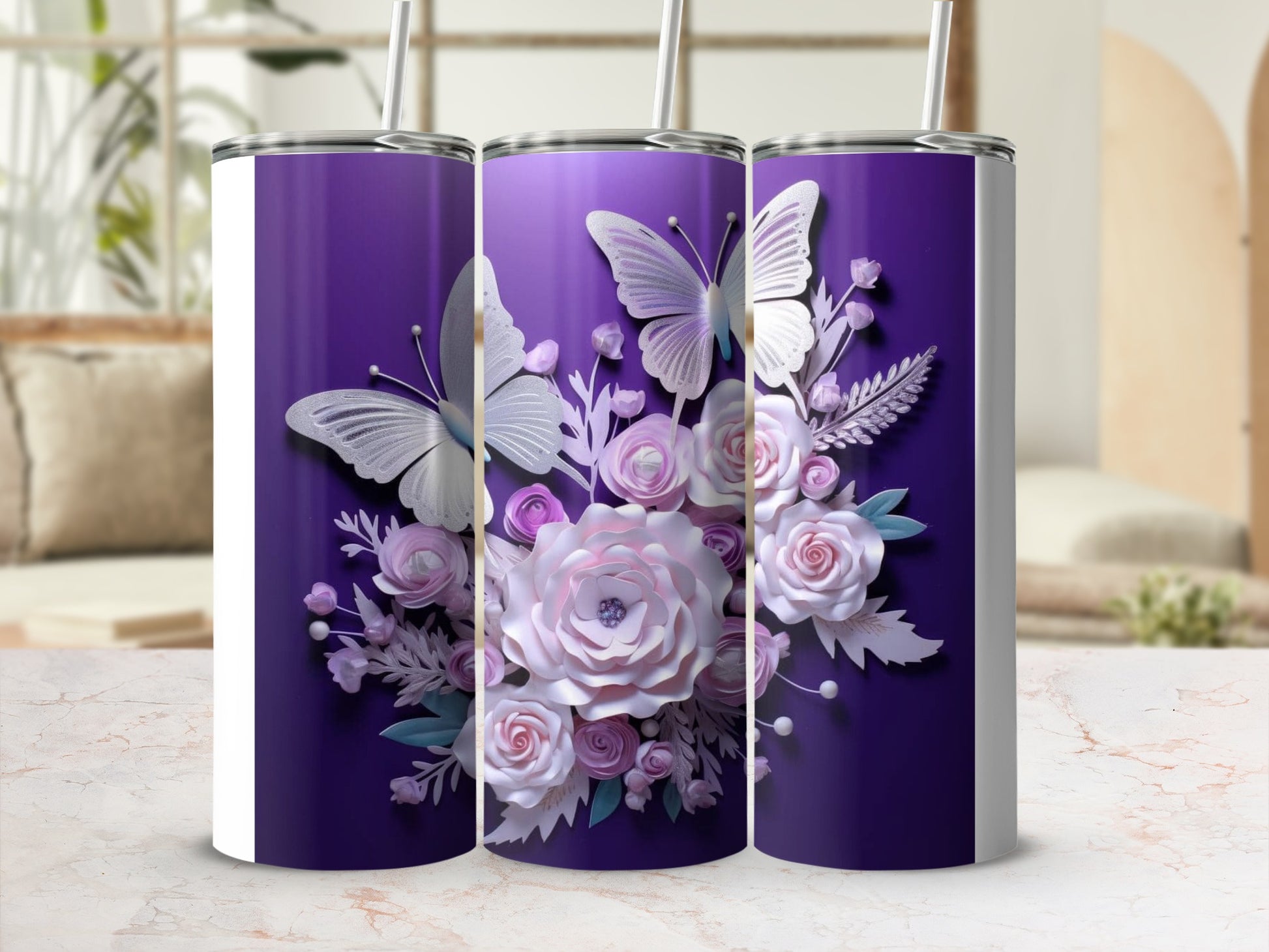 Elegant Purple Butterfly Floral Arrangement Tumbler