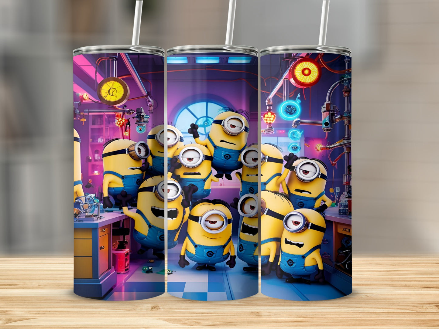 Minions gathered around a workbench in a colorful laboratory setting.
