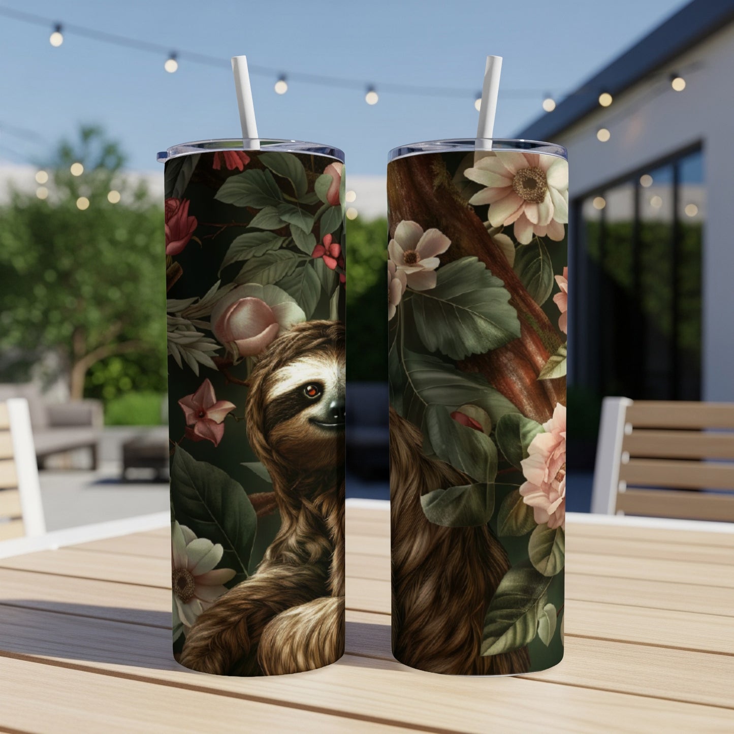 Two tumblers with a sloth and floral illustration sit on a table outdoors.