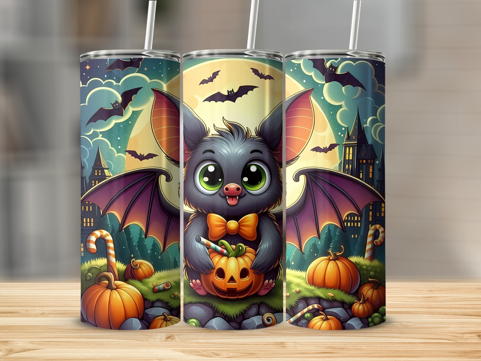 Halloween tumbler with cartoon bat holding carved pumpkin surrounded by candy and pumpkins.