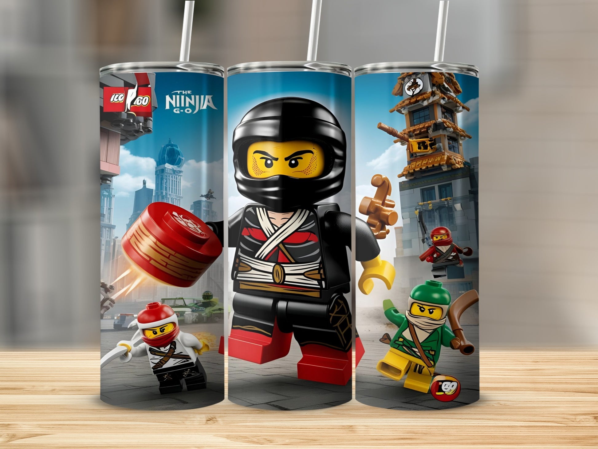 LEGO Ninjago characters Kai, Jay, and Zane in action on a tumbler.