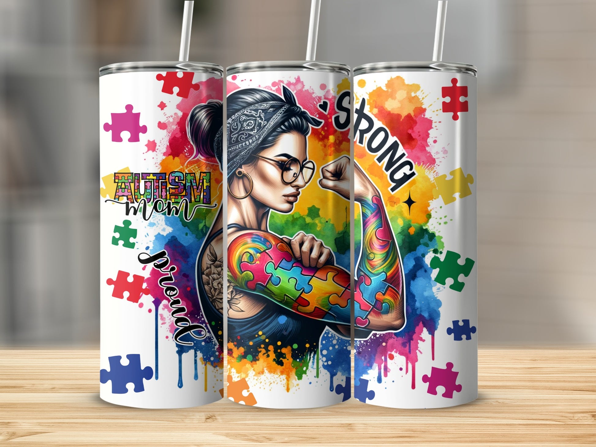 Autism Mom Proud Strong design with colorful puzzle pieces on a tumbler.