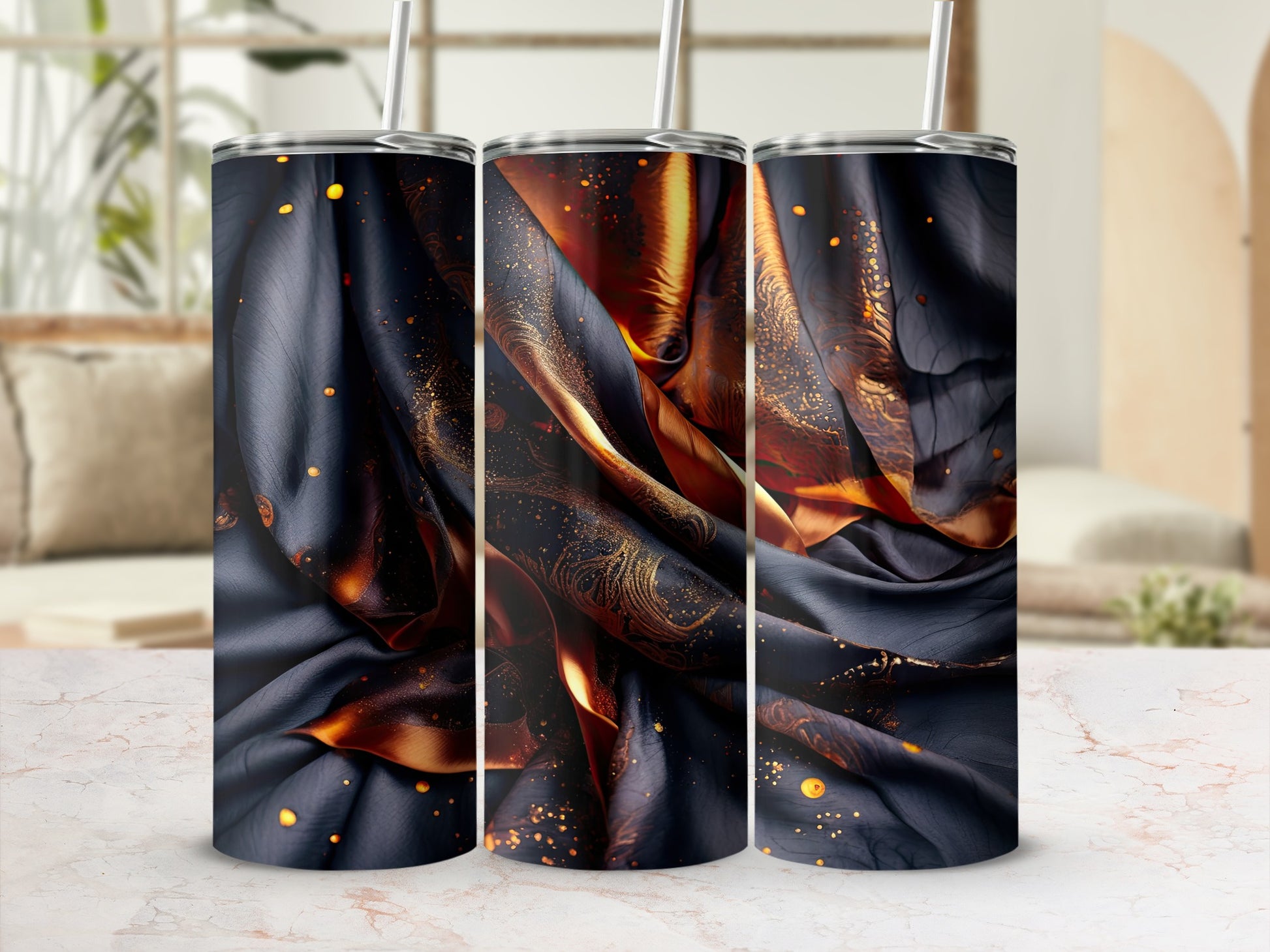 Dark fabric with golden swirls on a 30 oz tumbler.
