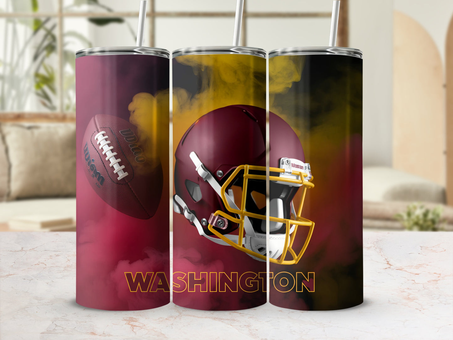 Washington Commanders football helmet and ball on smoky background.