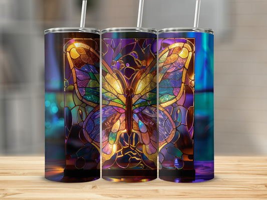 Three tumblers showcasing colorful stained-glass butterfly designs.