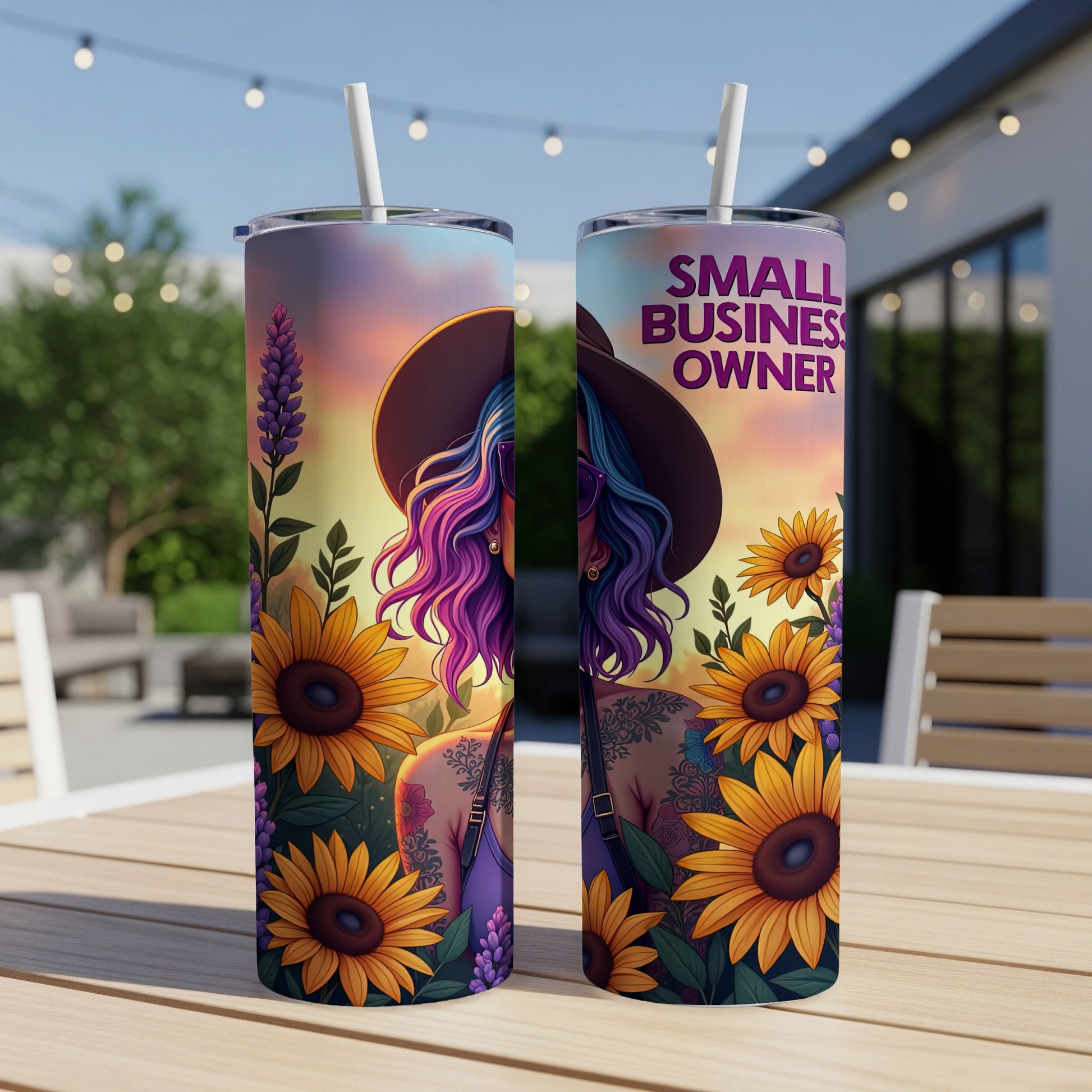 Tumbler with sunflowers and woman, reads "SMALL BUSINESS OWNER."