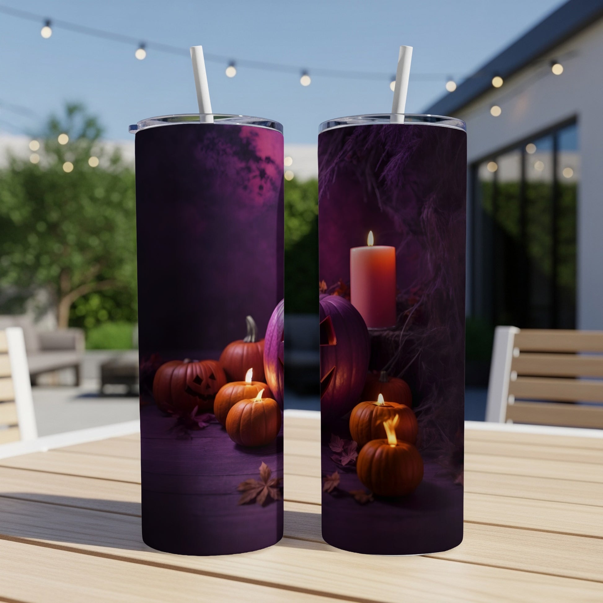 Two tumblers featuring a spooky Halloween design with pumpkins and a candle.