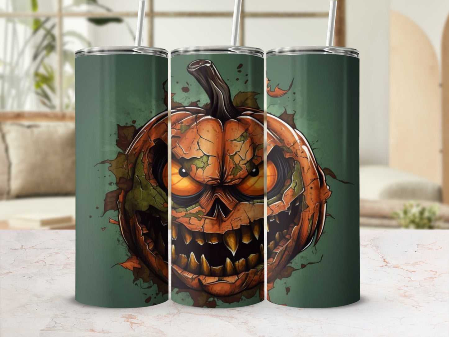 Tumbler with cracked jack-o'-lantern face and autumn leaves on green background.